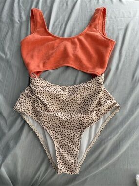 Kids One-Piece Swimsuit in Coral Top and Cream Spot Bottom